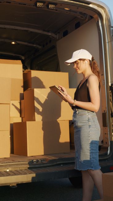 A worker from Kennington Man and Van is engaged in a home relocation process, loading cardboard boxes into the back of a large white moving van parked outside a modern building with glass windows. The worker, dressed in a dark uniform with a cap, is standing at the open rear doors of the van, placing a medium-sized cardboard box inside. Several other packed boxes, some with labels, are positioned on the pavement near the van, along with a black metal trolley with wheels and lifting straps nearby, indicating the packing and loading process. The van is situated adjacent to the building's entrance, which features a large glass door and window panels, with sunlight creating a bright, clear atmosphere. The scene captures the logistics involved in furniture transport and house removals, emphasizing the careful handling of packed items during a timely moving service, consistent with the focus on last-minute van hire in SE11, as offered by Kennington Man and Van.